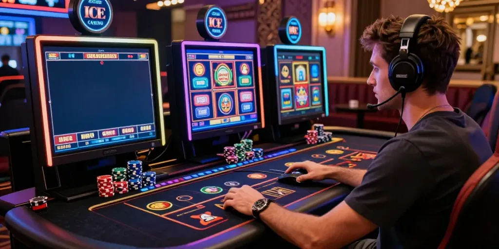 Erlebe das Ica Casino Österreich mit einem stilvollen Spieler an einem modernen Gaming-Setup, umgeben von lebhaften Slots und Casino-Atmosphäre.