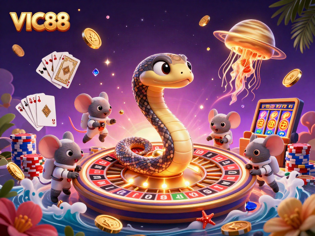 Experience the excitement of VIC88 as astronaut mice bet on a cosmic roulette wheel in vibrant colors.