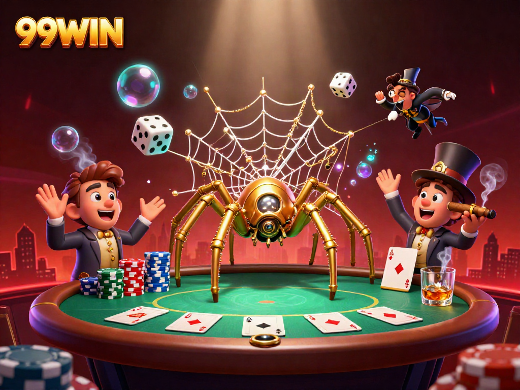 Engage in thrilling gameplay with 99WIN featuring a steampunk golden spider and poker elements.