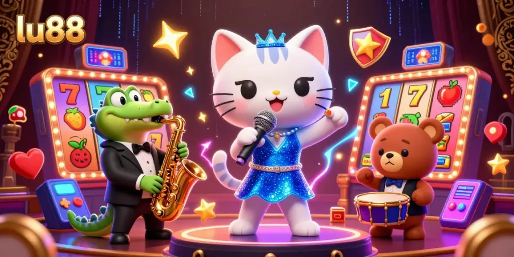 lu88 stimulates excitement with a lively 3D casino scene featuring colorful slot elements and vibrant characters.