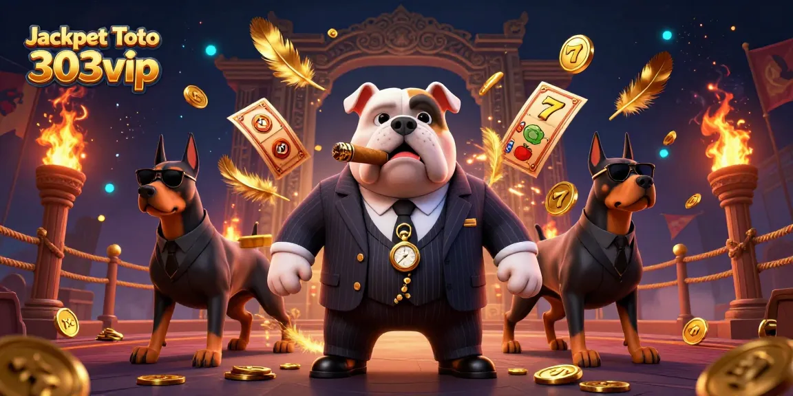Jackpot Toto 303vip illustrates thrilling slot gameplay with a mafia boss and bodyguards amidst dynamic casino elements.