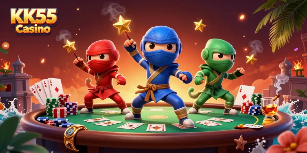 Experience thrilling action with KK55 Casino's ninja chameleons in dynamic poker battles.
