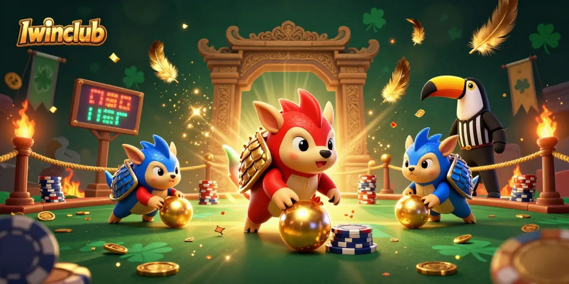 Iwinclub features vibrant rival pangolins bowling through poker chips in a dynamic casino scene.