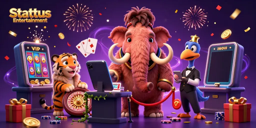 Experience the thrill of Stattus Entertainment with a vivid casino scene featuring dynamic characters and exciting game elements.