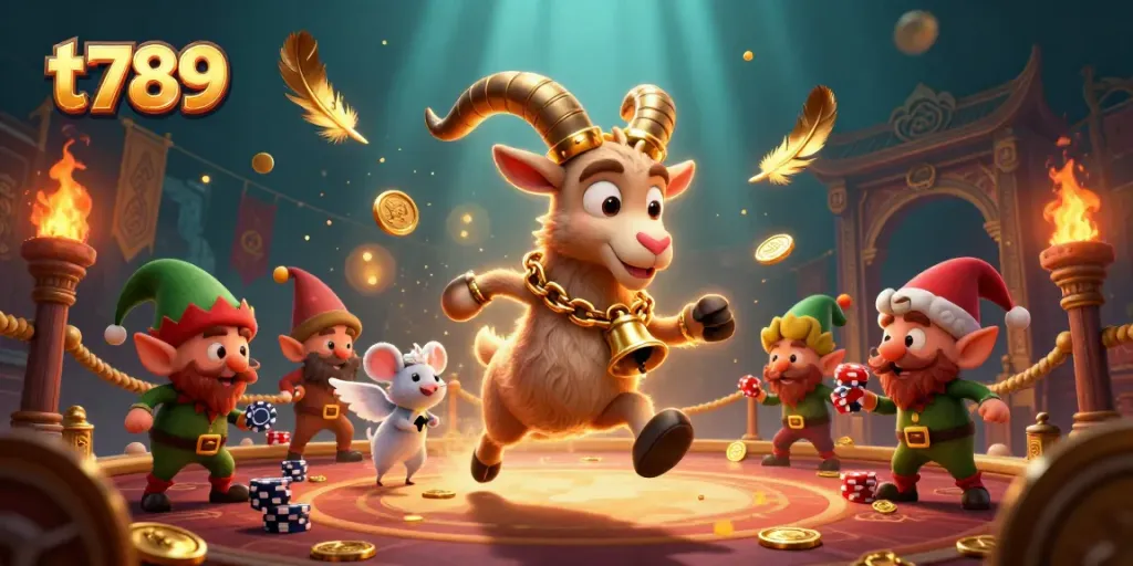 Experience the excitement of t789 with a dynamic casino scene featuring a Krampus goat and mischievous creatures.