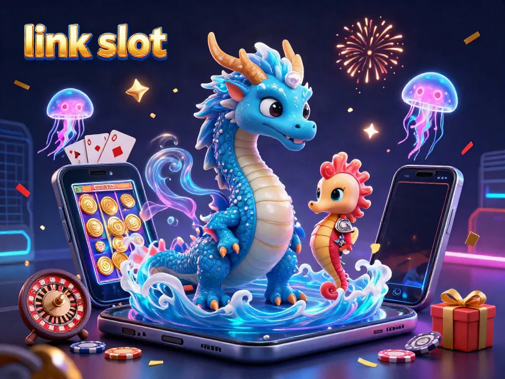 Experience the thrill of link slot games with a vibrant 3D dragon and magical casino elements.