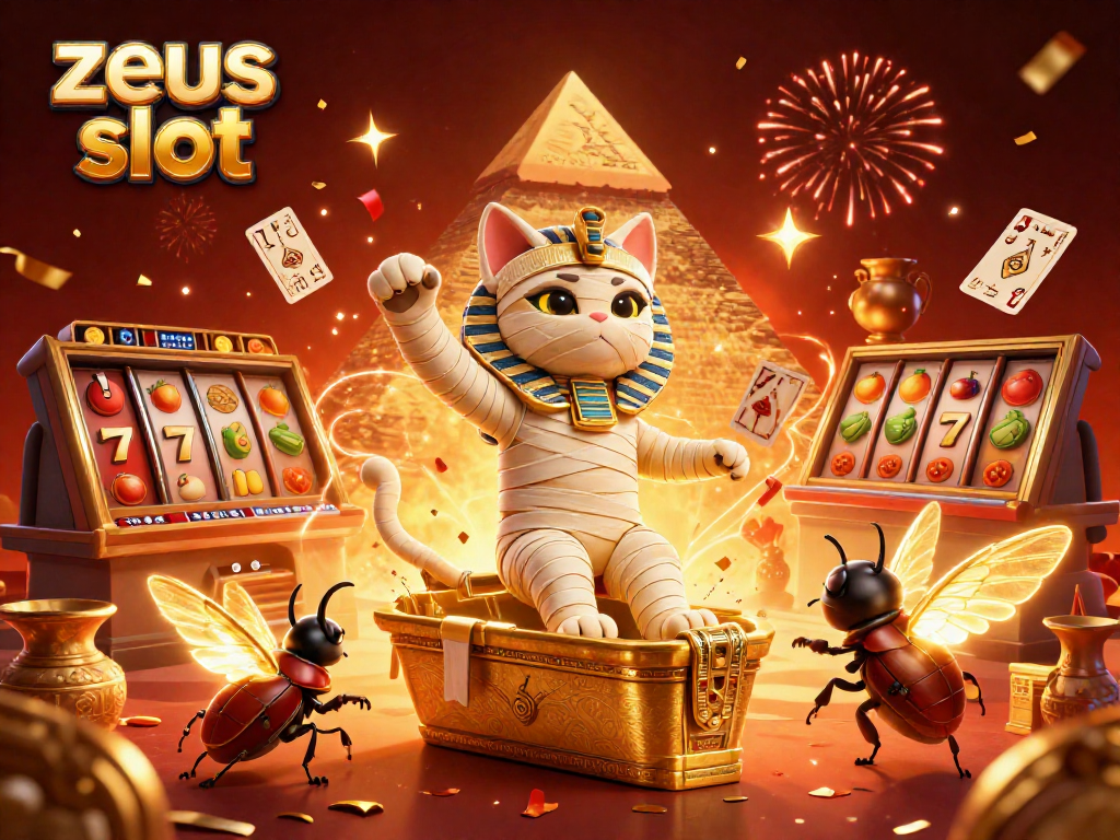 Experience the thrill of zeus slot with vibrant illustrations of Egyptian characters and casino elements.