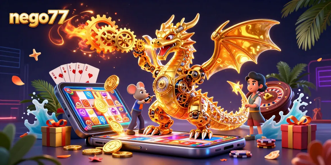 Experience thrilling gaming action with nego77 in a vibrant 3D dragon and casino scene.