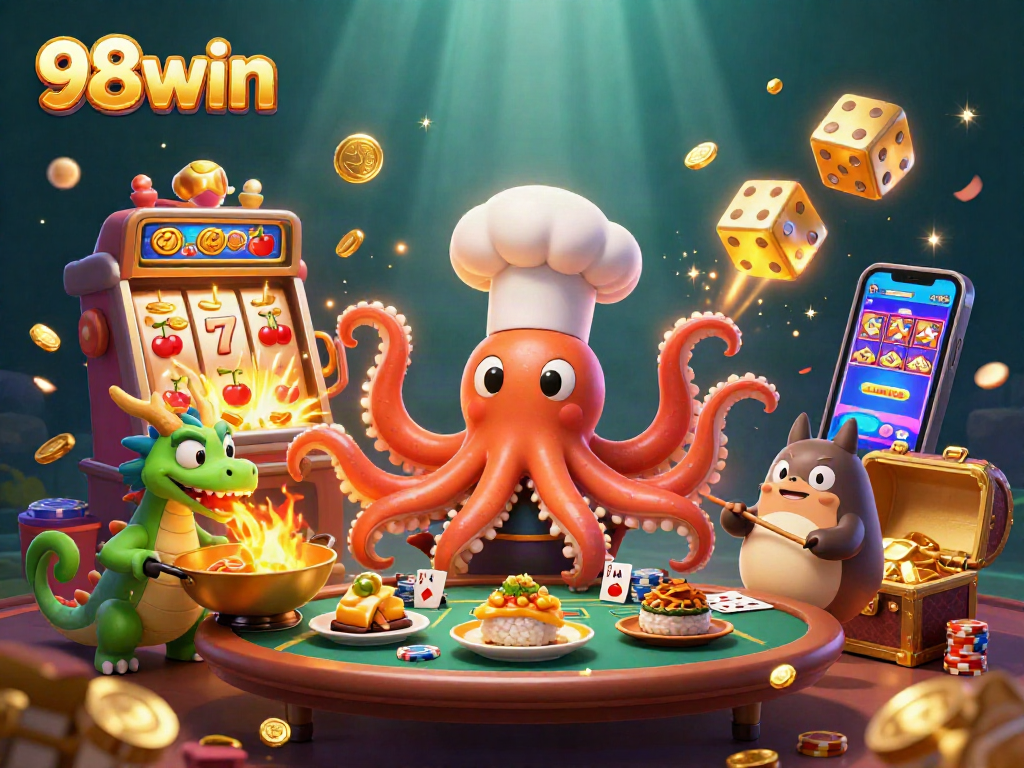 Engage with exciting casino moments at 98win featuring an octopus chef, dragon, and lucky elements.