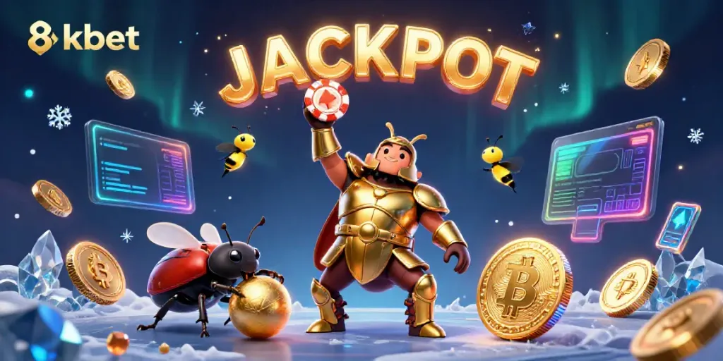 Join the thrill of 8kbet as the triumphant beetle celebrates a jackpot victory in a vibrant casino scene.