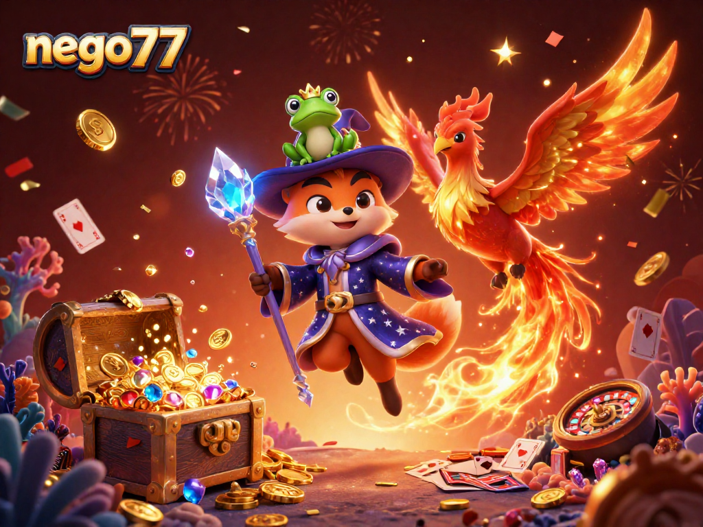 Experience exciting gameplay and winning potential with nego77 in this vibrant 3D casino scene.