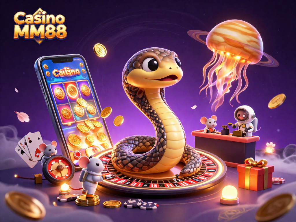 Spin the reels at Casino MM88 with a vibrant cosmic casino scene featuring playful characters.