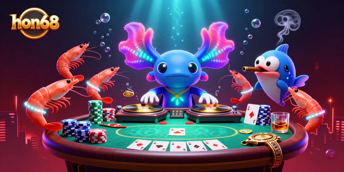Celebrate casino fun at hon68 with an underwater dance party featuring vibrant characters, a poker table, and immersive gaming elements.