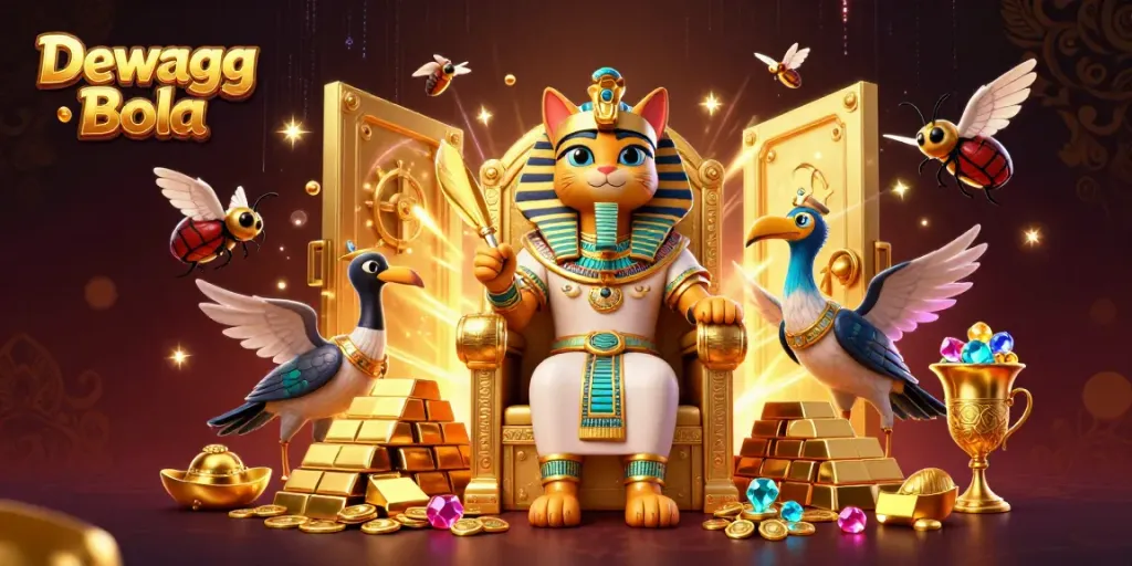 Dewagg Bola showcases a vibrant pharaoh cat and ibis scribe amidst golden riches and treasures, engaging in online betting excitement.