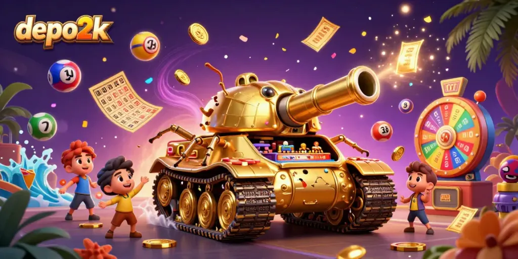 Experience the excitement with depo2k at our vibrant, dynamic cartoon casino scene filled with gaming action.