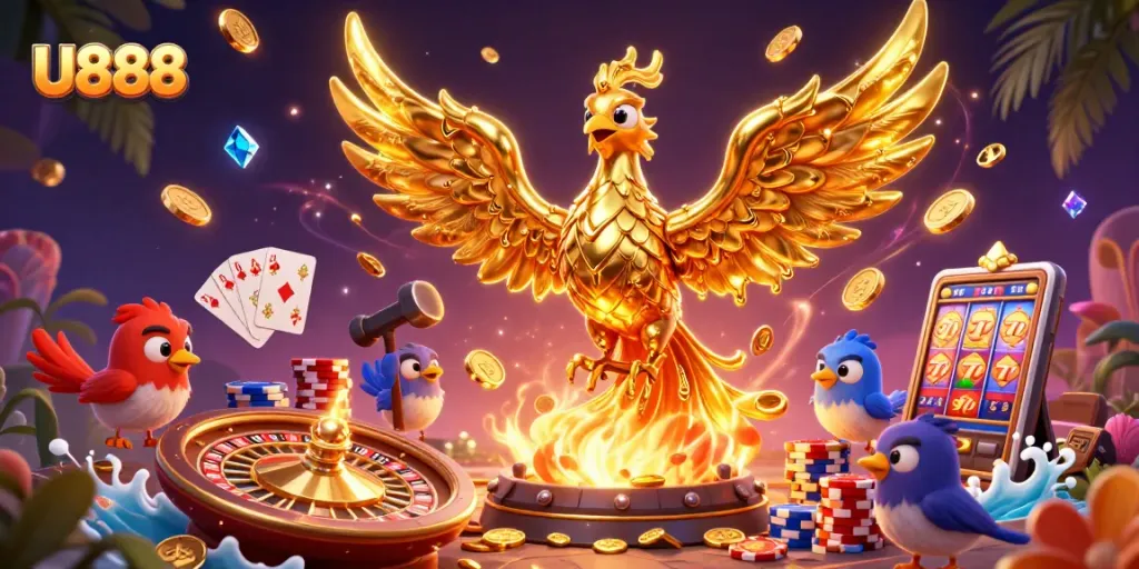 Experience the vibrant world of U888 through this lavish, dynamic 3D casino scene.