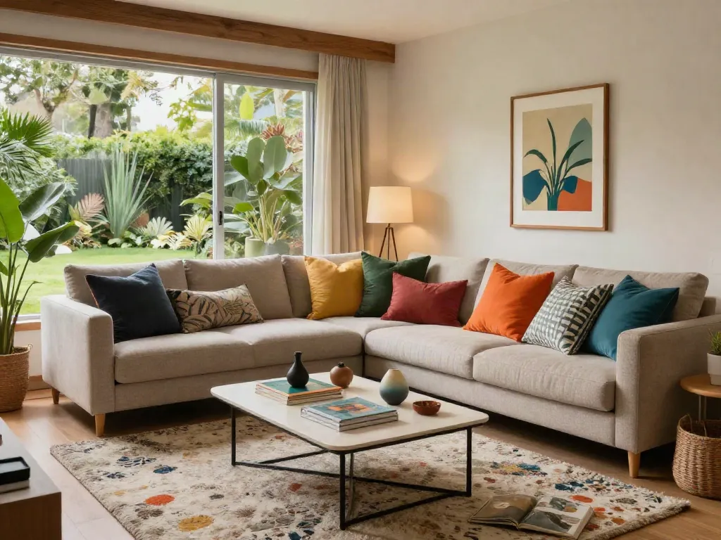 Desain interior modern ruang tamu dengan elemen nyaman dan estetis, mengutamakan lotus88 dalam penataan ruang.