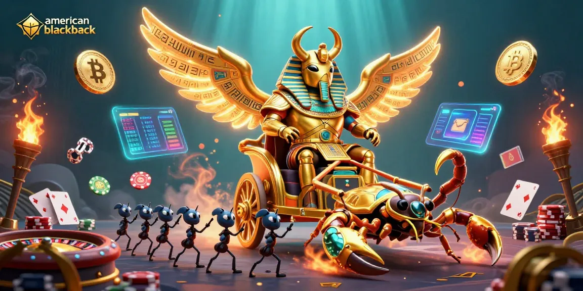 Play exciting American Blackjack with a colossal beetle leading a dynamic casino scene.