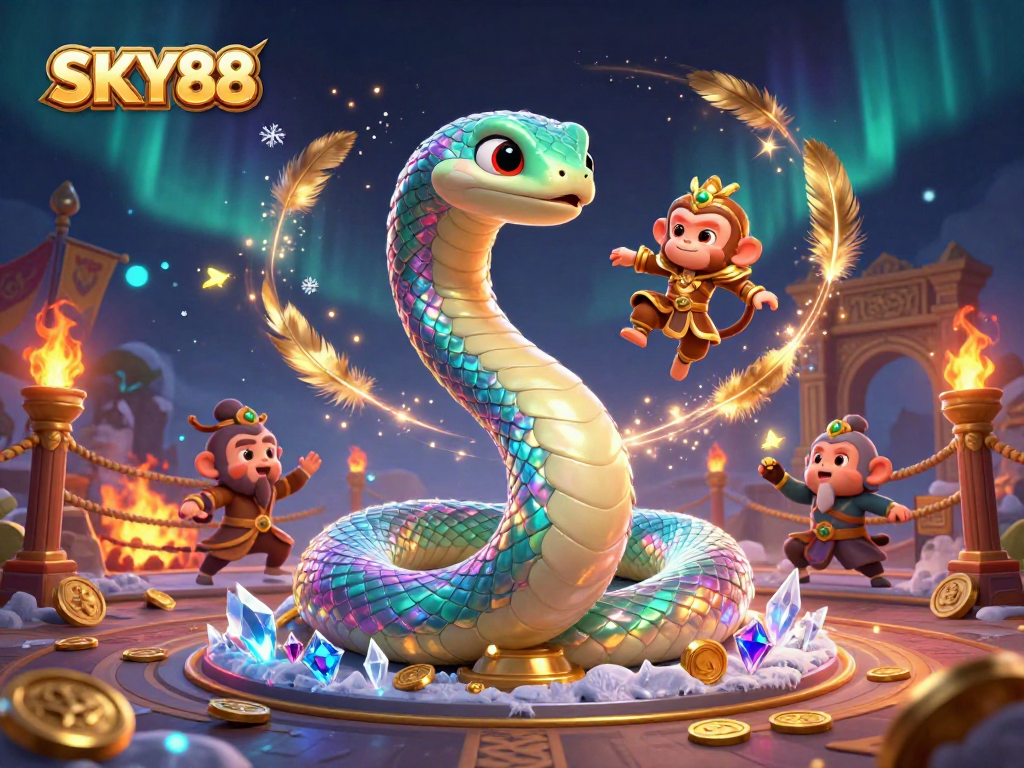 Engage in thrilling gaming at SKY88 with vibrant characters and casino elements in a rich 3D illustration.
