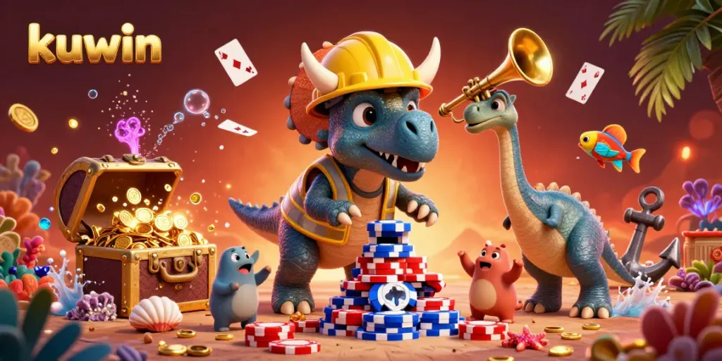 Kuwin brings excitement to gaming with a cheerful triceratops and vibrant illustrations surrounded by casino elements.