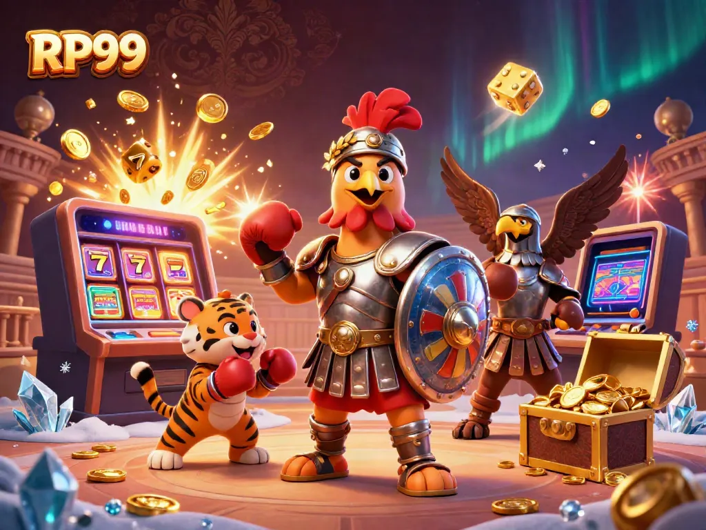 Engage in exciting gameplay with RP99's vibrant 3D cartoon casino scene, featuring winning symbols and dynamic characters.