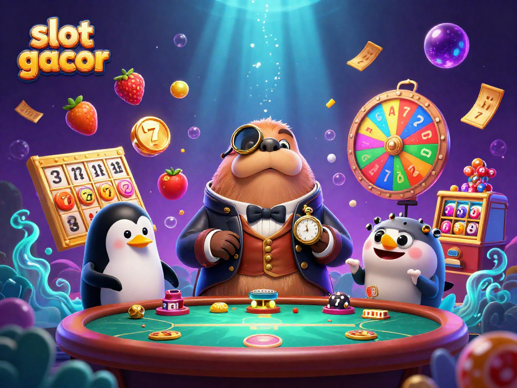 Mendorong slot gacor dengan simbol buah dan jackpot ramai dalam ilustrasi kasino bawah laut yang meriah.