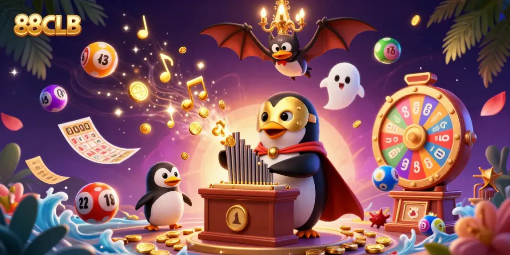 Play thrilling games with 88CLB while experiencing vibrant casino magic in a dynamic illustration.