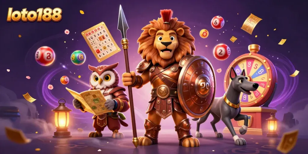 Experience the thrill of loto188 with vibrant lottery balls and dynamic characters in a strategic scene.