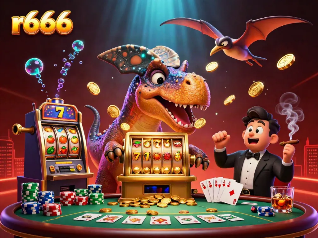 Experience the excitement of r666 with a dinosaur-themed slot machine jackpot scene.