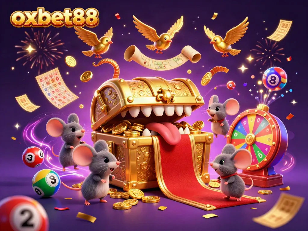 Bet on exciting games at oxbet88 with vibrant lottery balls, golden treasures, and a lively casino atmosphere.