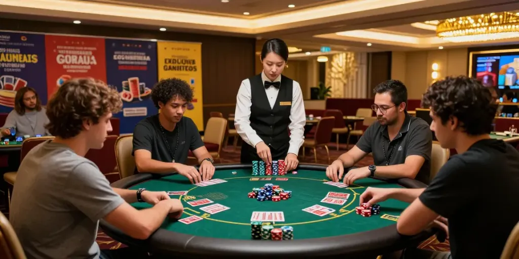 Players enjoying card games at the nejlepsi online casino, vibrant atmosphere with colorful chips.