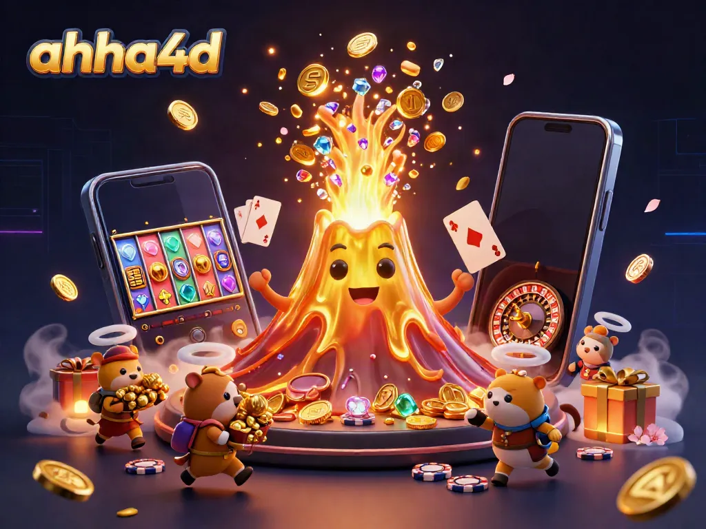 Spin the reels with ahha4d's vibrant 3D casino scene featuring a triumphant volcano and treasure.