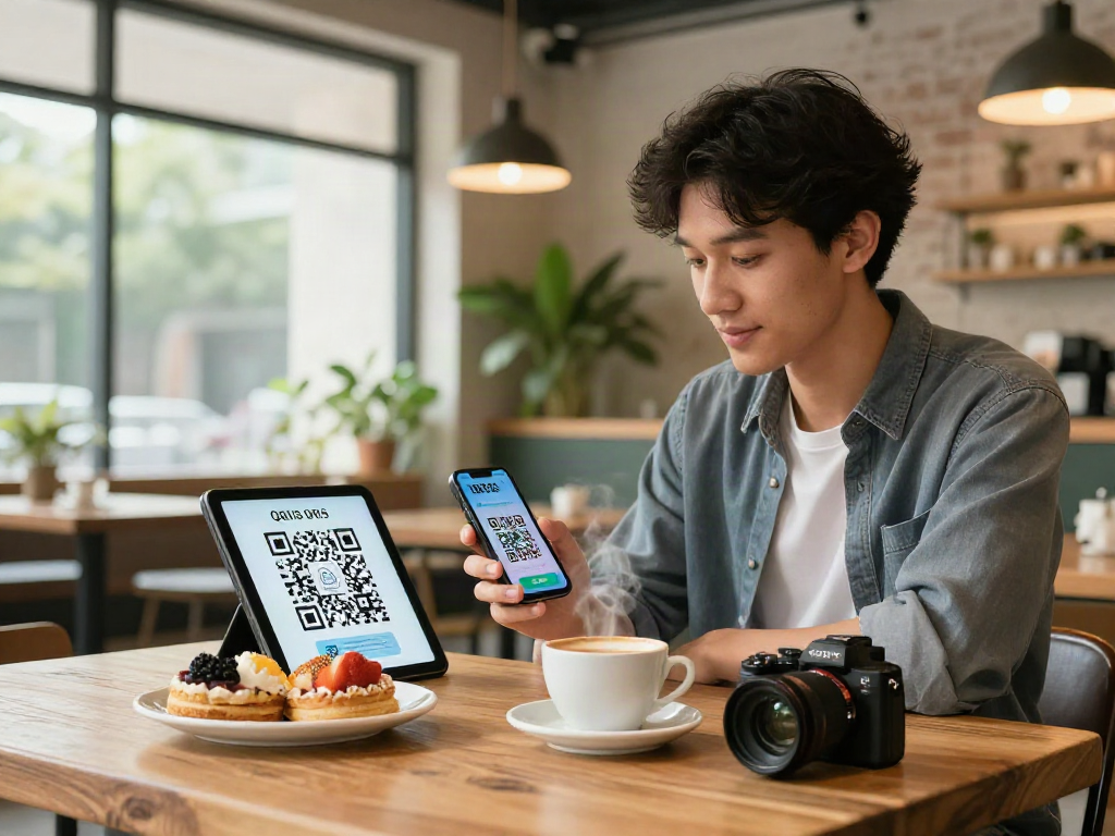 User making a slot qris transaction at a café, highlighting digital payment technology.