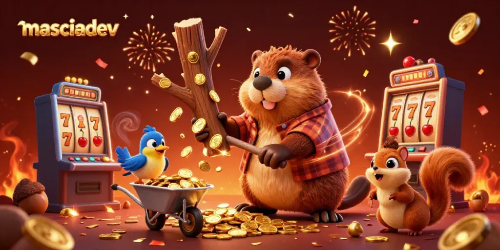 Experience masciadev's vibrant casino scene with characters collecting golden coins amidst slot machines and fireworks.