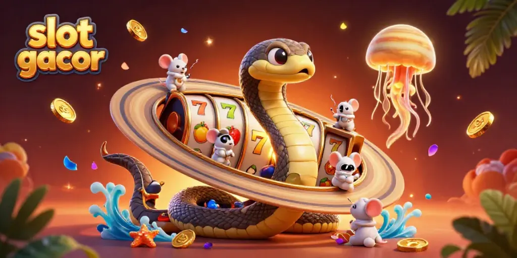 Experience slot gacor excitement with cartoonish cosmic characters in a vibrant casino atmosphere.