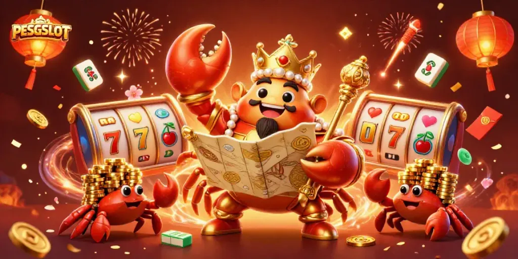 Ilustrasi PESGSLOT dengan kepiting emas dan elemen slot yang meriah.