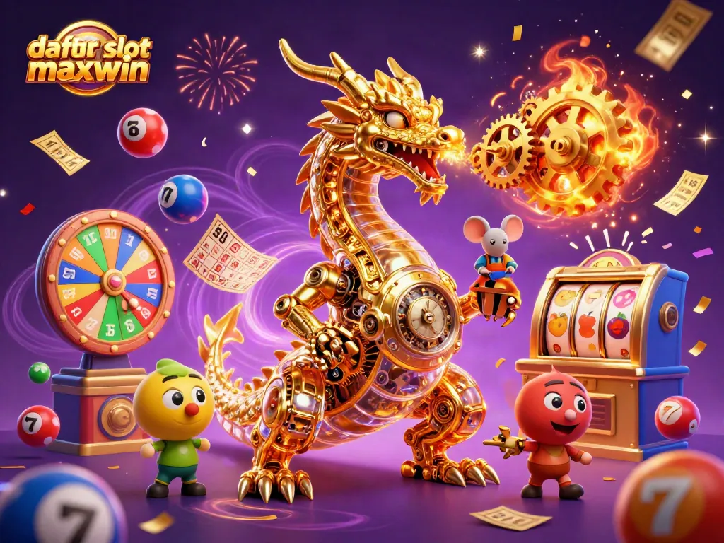 Daftar slot maxwin dengan naga emas mekanis dan elemen permainan kasino yang meriah.