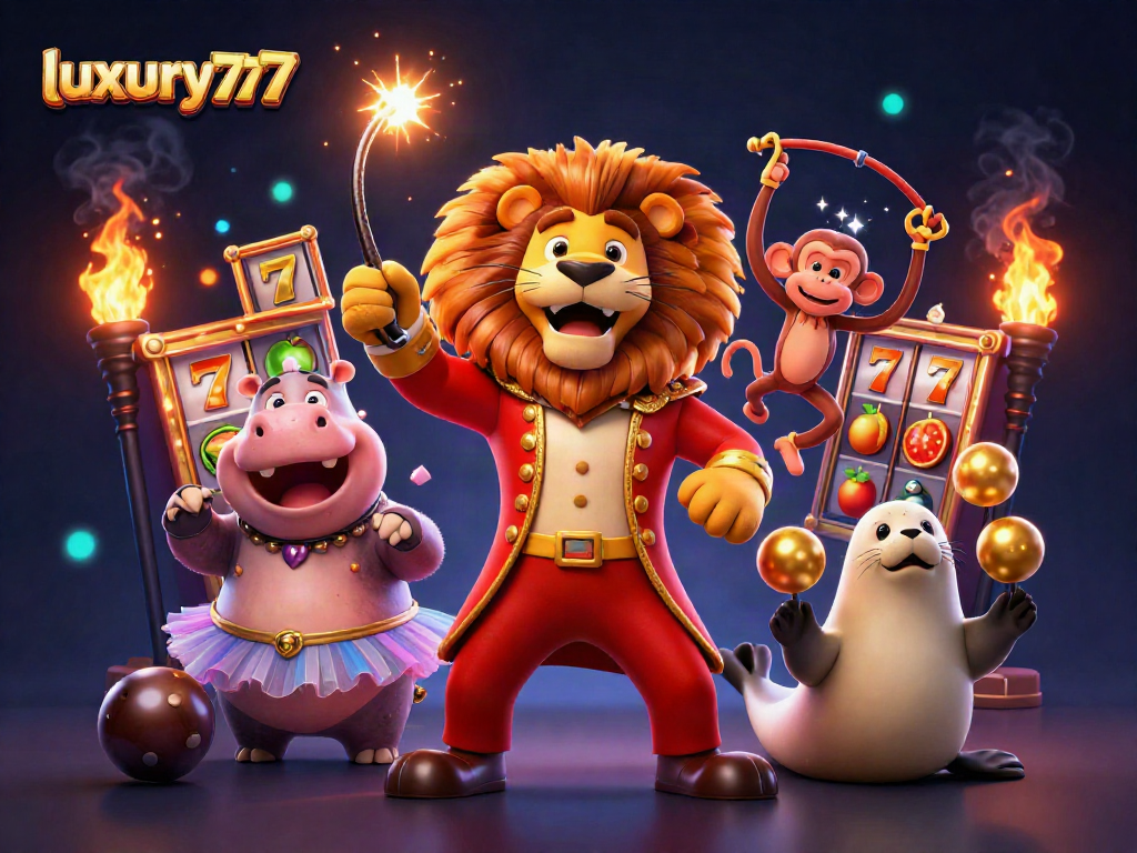 Menang besar di luxury777 dengan simbol jackpot slot, singa, dan badak beraksi.