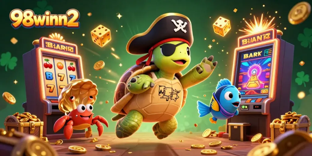Experience the excitement of 98winn2 with a vibrant 3D depiction of a treasure-seeking turtle amidst casino symbols and treasures.
