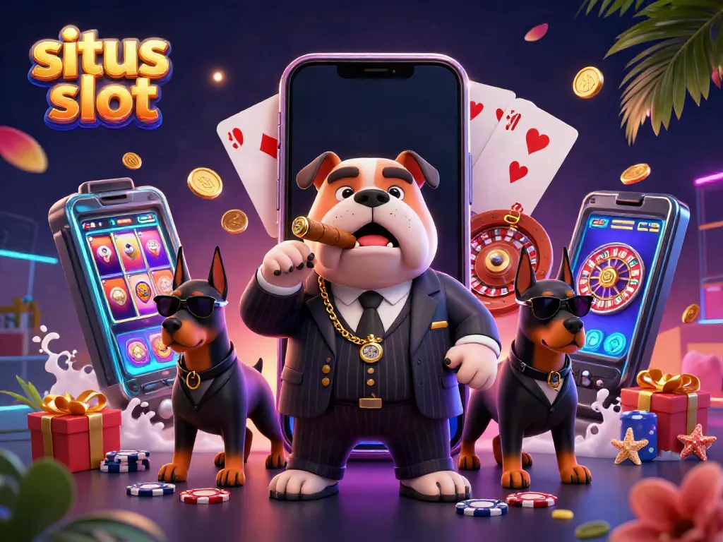 Karakter mafia bulldog dan anjing Doberman dalam konteks situs slot yang menampilkan permainan slot berwarna-warni.