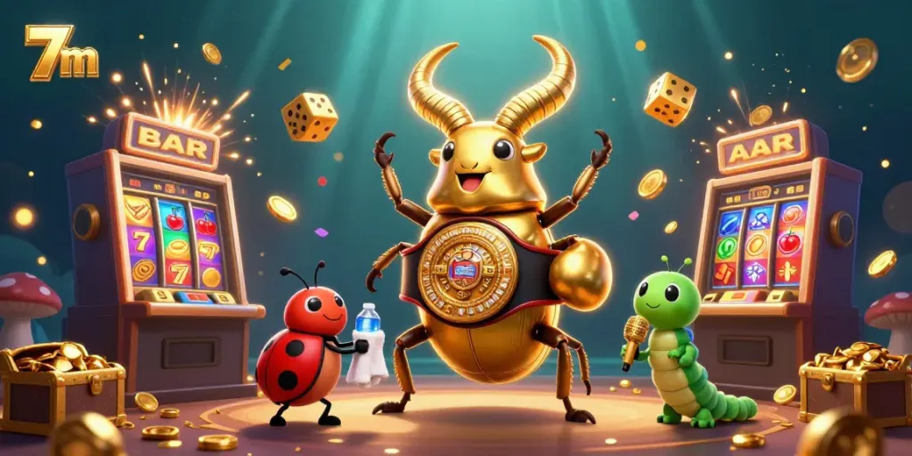 Experience thrilling gaming with 7m's vibrant casino atmosphere featuring animated characters and exciting gameplay elements.