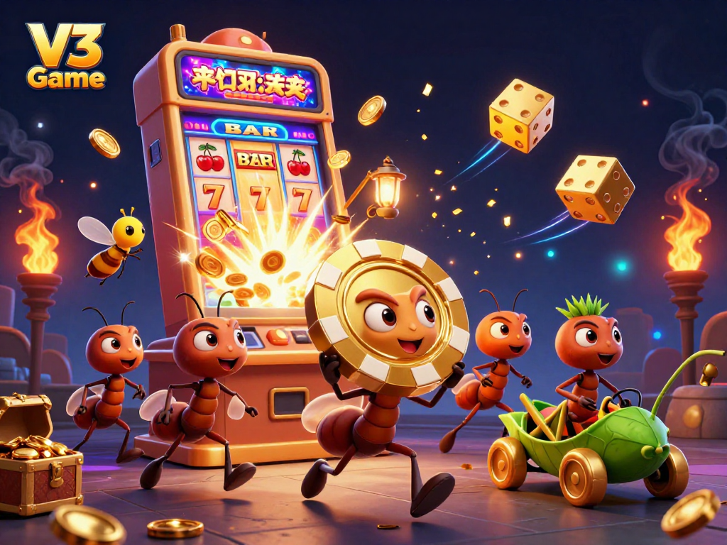 Join the V3 Game adventure with cartoon ants heisting a giant poker chip in a vibrant casino scene.
