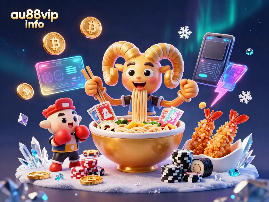 Engage in thrilling gaming at au88vip info with cartoon characters in a vibrant casino setting filled with crypto elements.