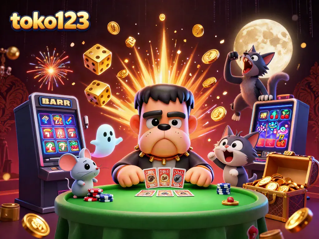 Experience exciting gaming action with the toko123 mascot, a lively Frankenstein bulldog at a card table.