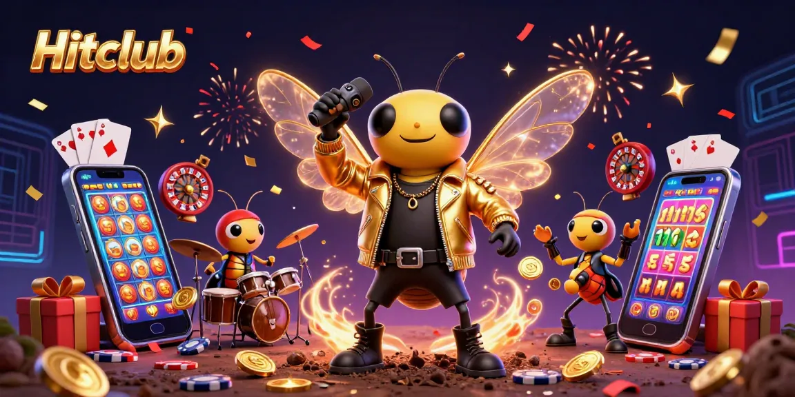 Hitclub promotes vibrant gaming energy with an illustrated scene of a cicada rock star and casino elements.