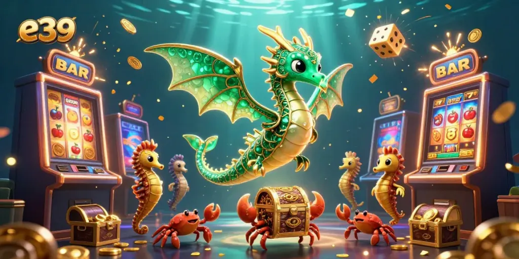 Experience the thrill of e39 with vibrant casino elements, featuring a sea dragon and treasure chest in a dynamic underwater scene.