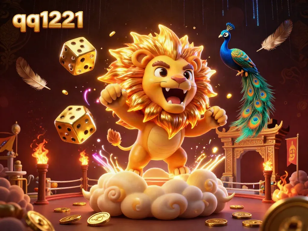 Engage with thrilling gaming at qq1221, featuring a roaring lion, golden dice, and vibrant casino elements.