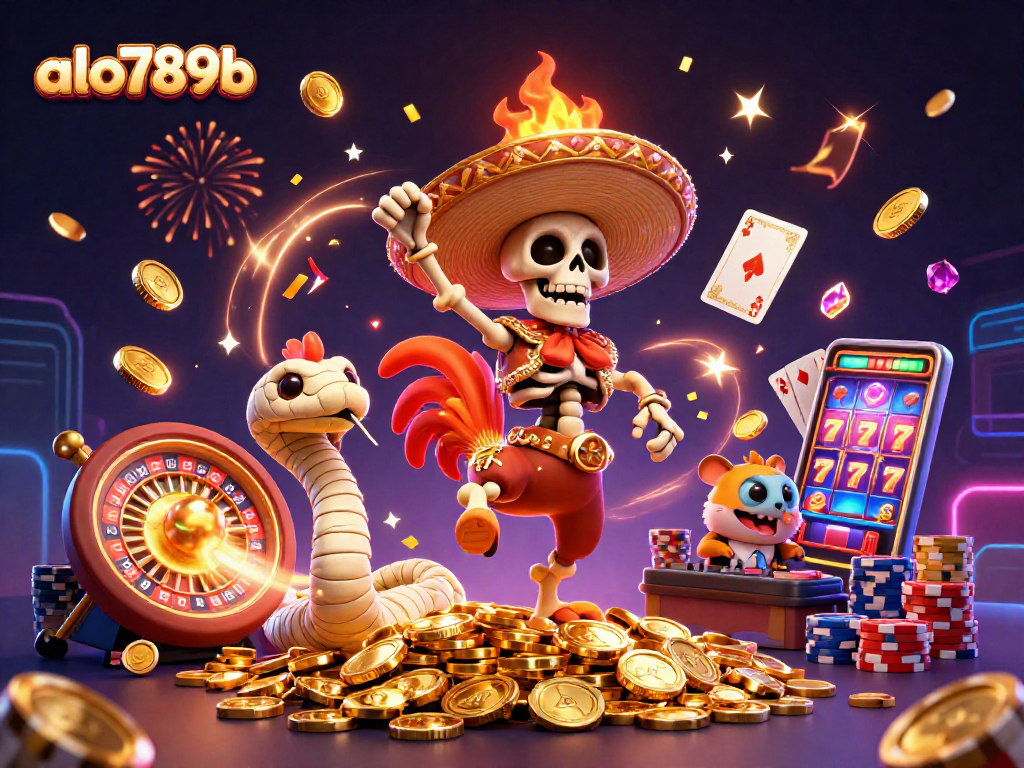 Engage with thrilling gaming action at alo789b, featuring a vibrant scene with a mariachi rooster and more.