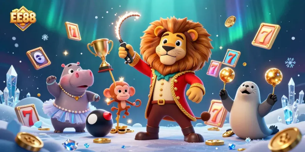 Engage with EE88 in a vibrant casino scene featuring colorful characters and dynamic gambling elements.