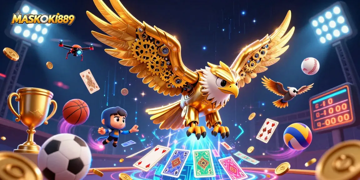 Engage in thrilling gameplay with MASKOKI889 featuring a cybernetic eagle navigating a vibrant casino realm.